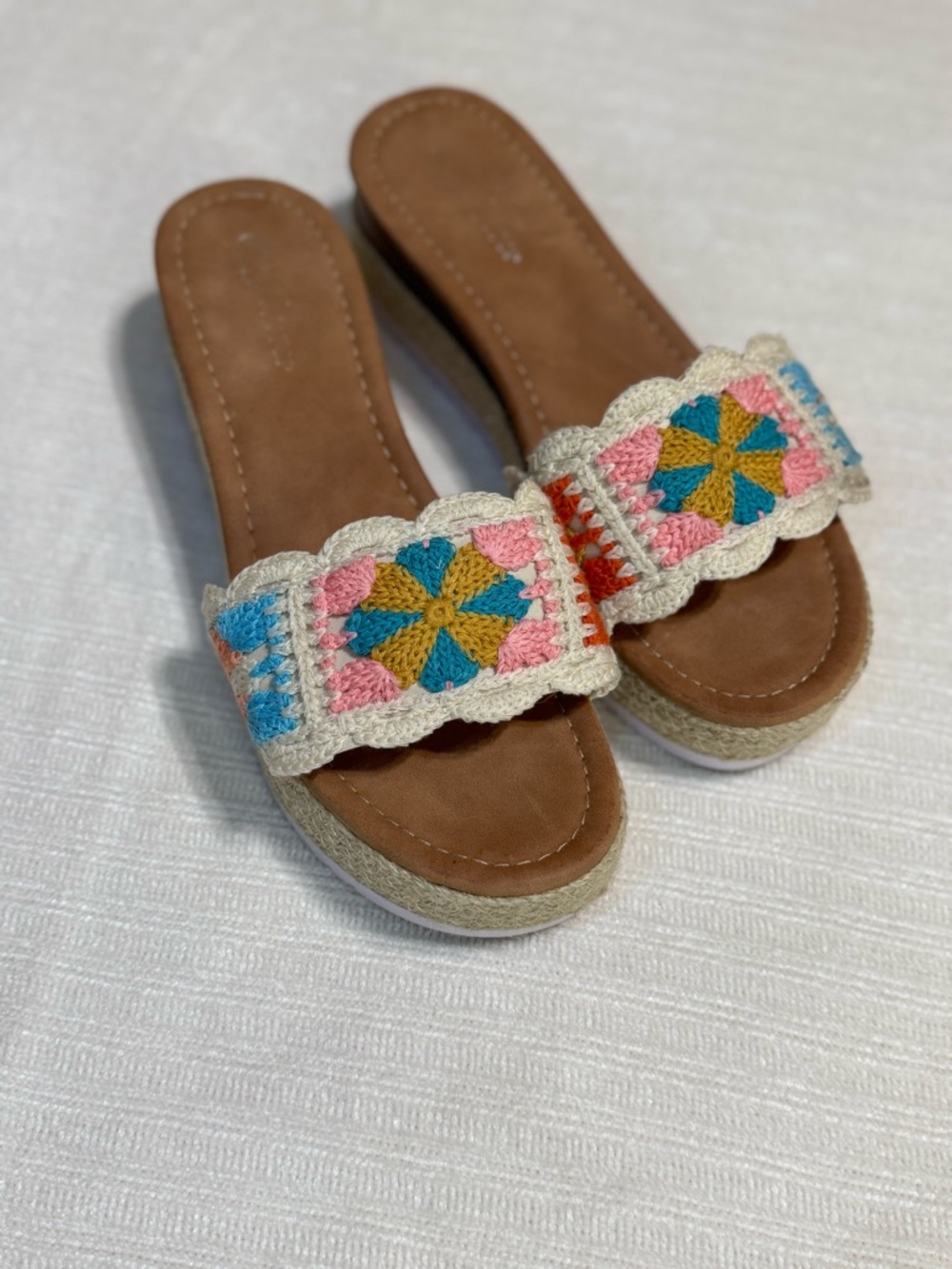 Boho Crochet Slide Sandals in Brown with Multicolor Accent